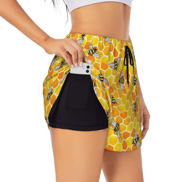 Balery Honeycombs Pantalones cortos deportivos para mujer con forro y dos bolsillos, elásticos, para entrenamiento, gimnasio, yoga-X-Large