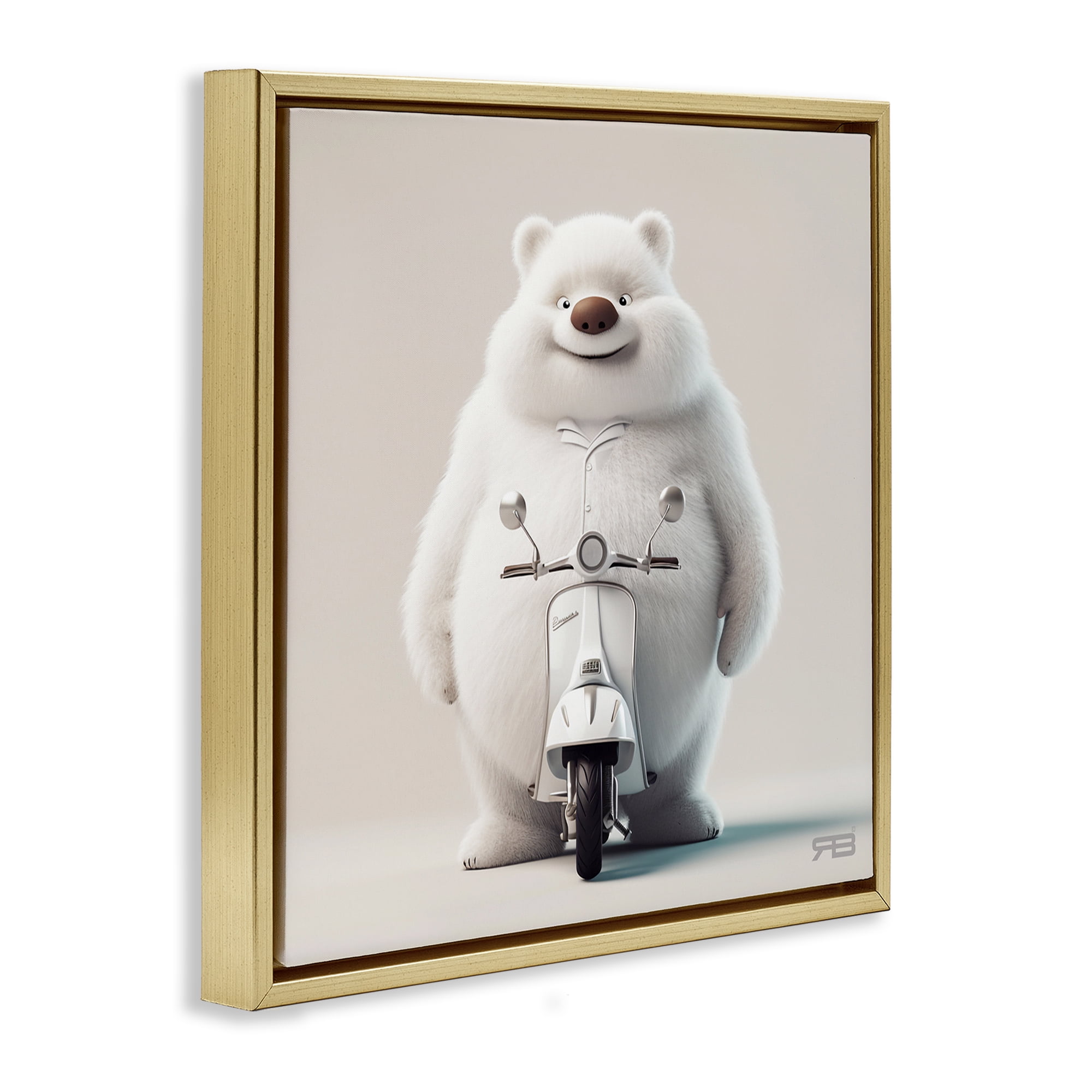 Stupell Industries Funny Bear with Scooter Animals Painting Gold Floater Framed Canvas Art Print Wall Art, 18 x 18