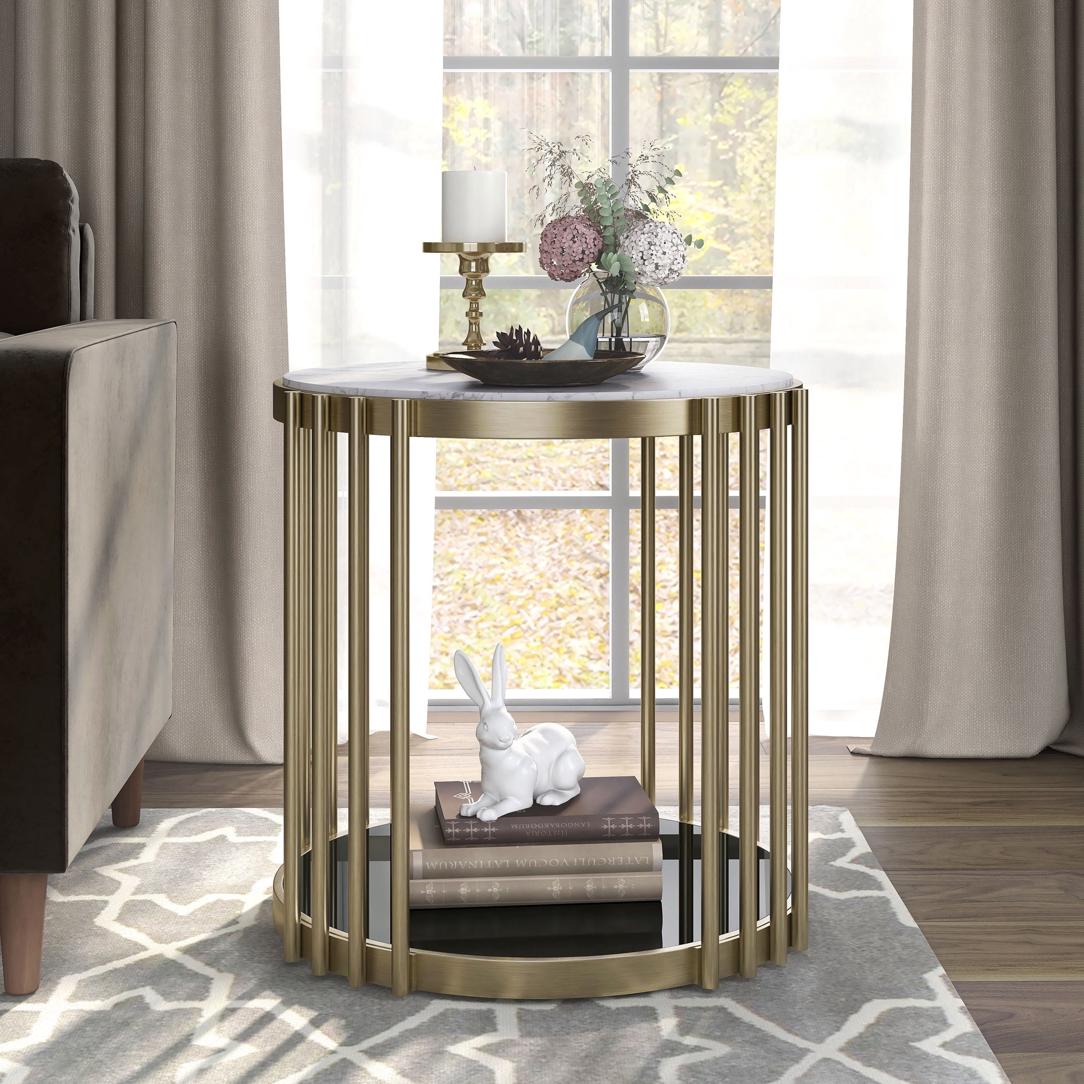 Furniture of America Wilmo Faux Marble 1-Shelf End Table, Brass