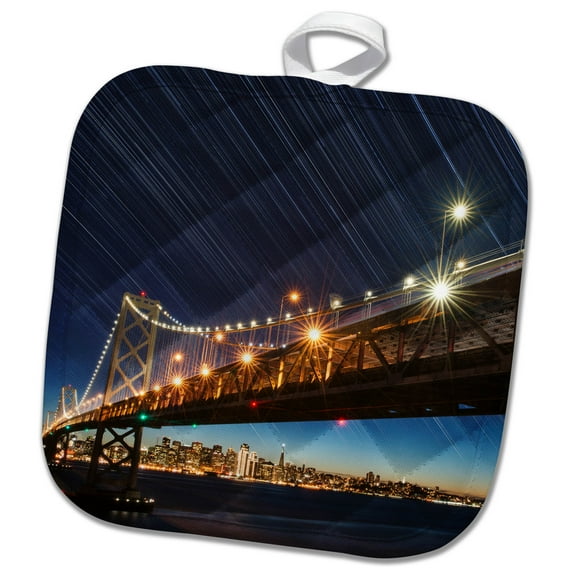 3dRose, California, San Francisco. Composite of star trails above Bay Bridge., 8x8 Potholder