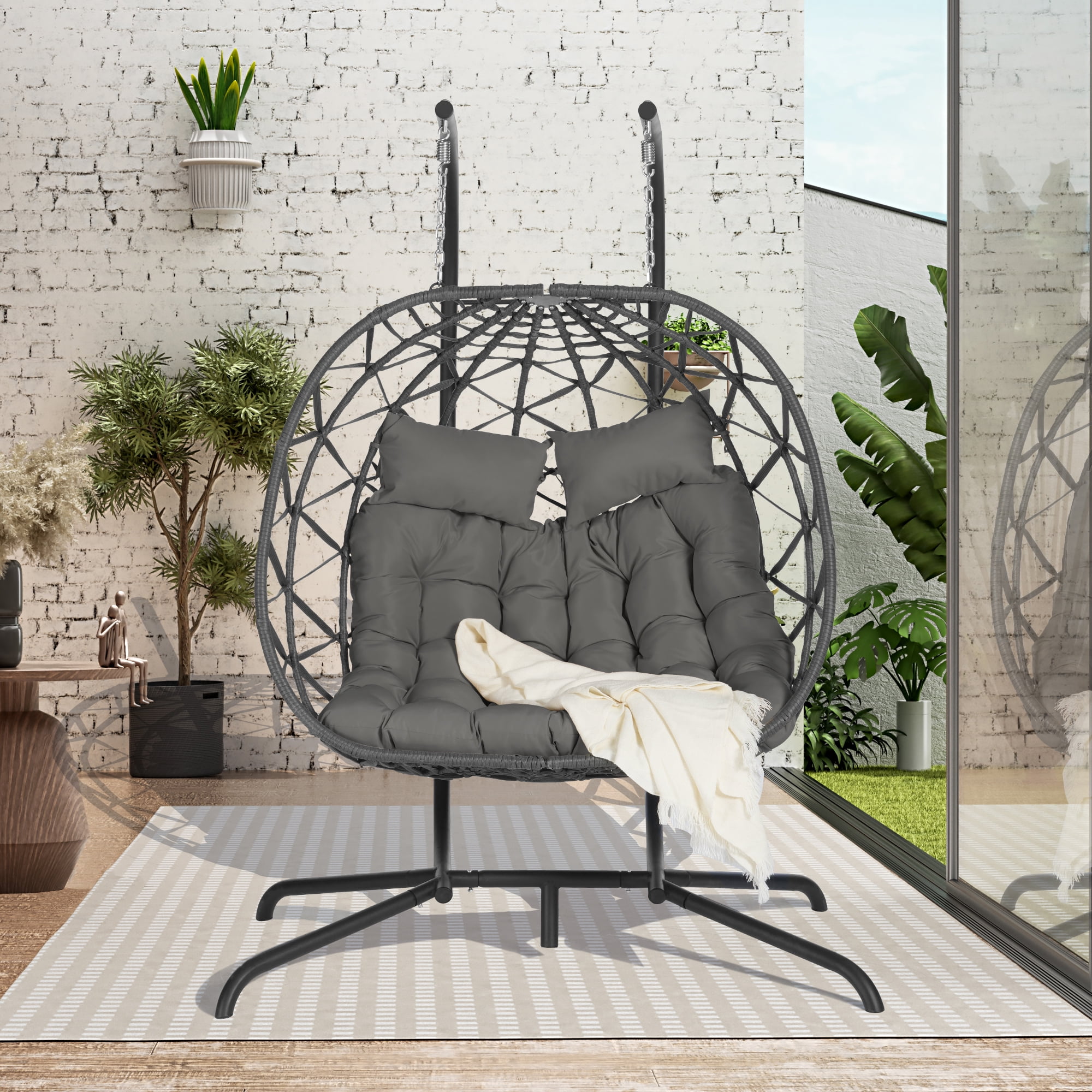 Leumius Double Egg Chair with Stand,Indoor Outdoor Wicker Swing Egg Hanging Chair with UV Resistant Cushions for Patio,Balcony,Porch,600 lbs,Dark Gray
