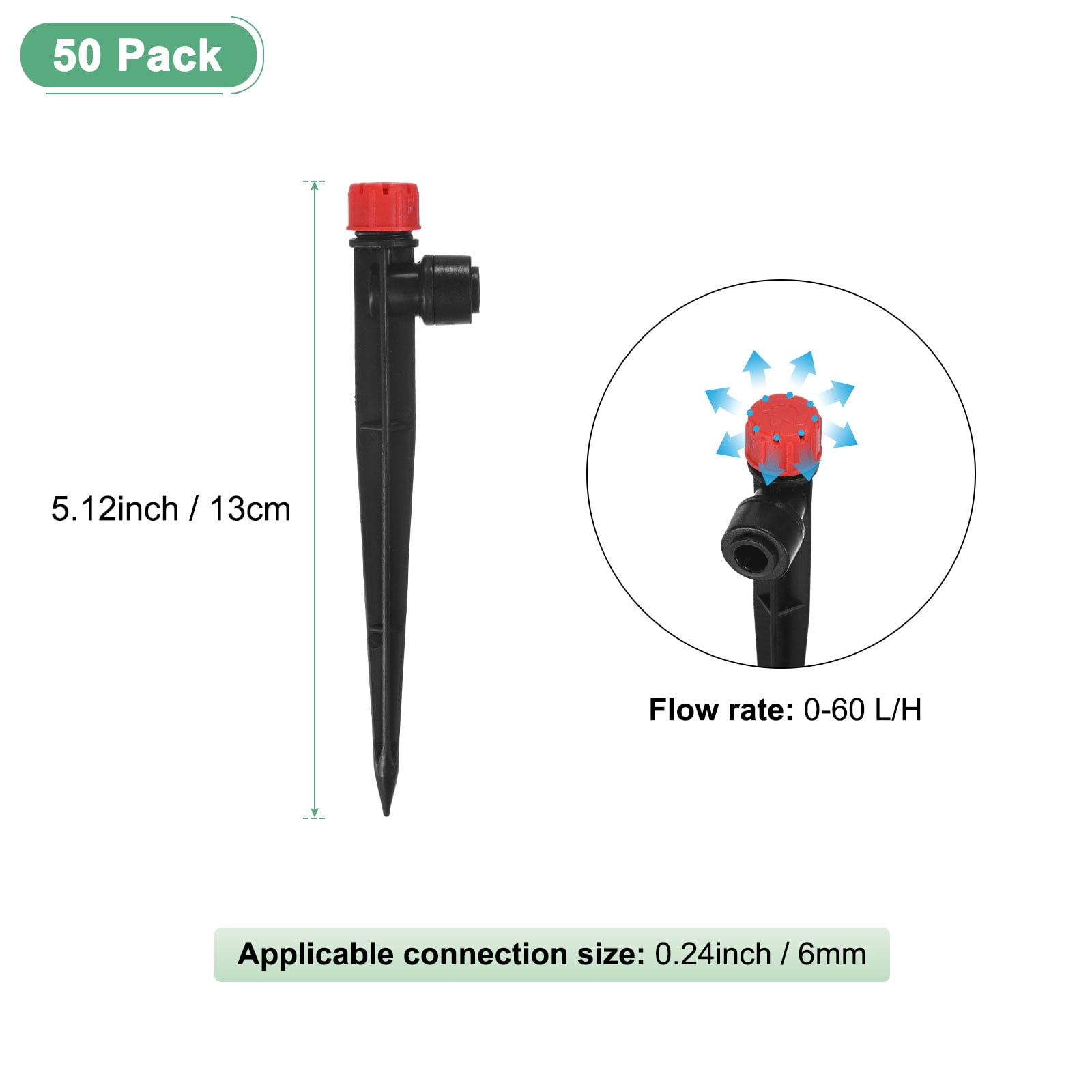 Uxcell 50-Pack Drip Irrigation Emitters, Adjustable 360 Degree Water Flow 8 Holes for 1/4" Tubing [Red, Drip]