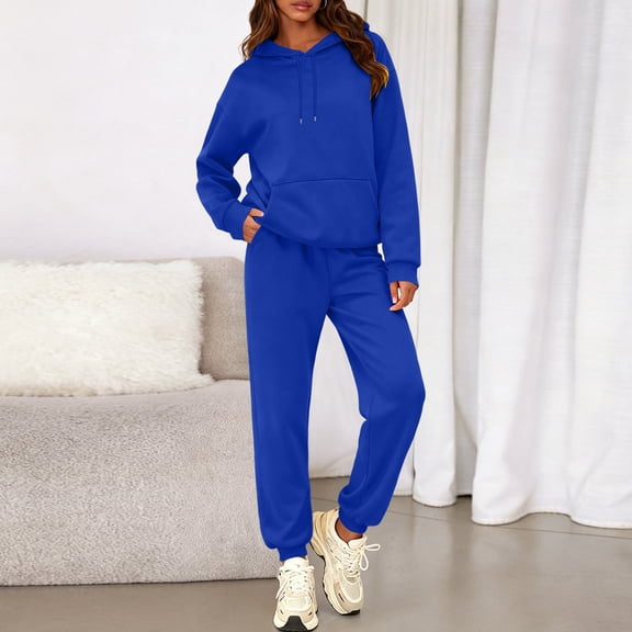 Dwellite Womens 2 Piece Lounge Sweatsuit Fall Fashion Matching Sweat Sets Oversized Fall Hoodies & Baggy Jogger Sweatpants Fashion 2026 Outfits Blue L