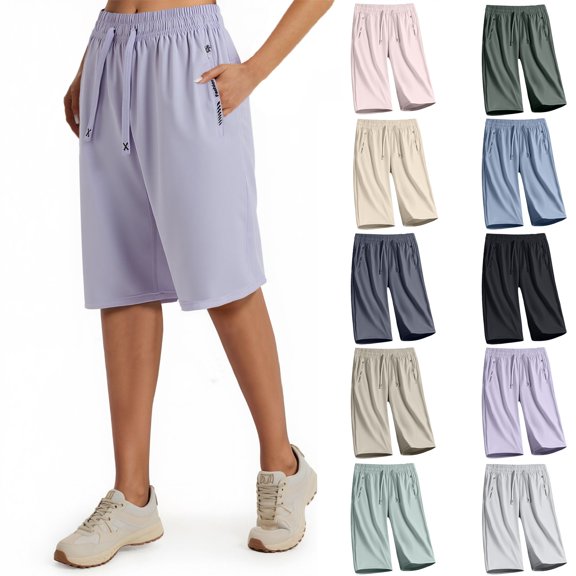 Plus Size Lightweight Bermuda Shorts for Women Stretch Quick Dry Casual Lounge Hiking Shorts with Storage Pockets Green S