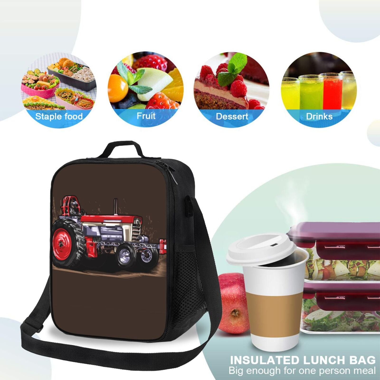 Logiee red tractor Print Insulated Lunch Bag for Women/Men, Reusable Lunch Box for Office Work School Picnic Beach,Leakproof Freezable Cooler Bag with Shoulder Strap