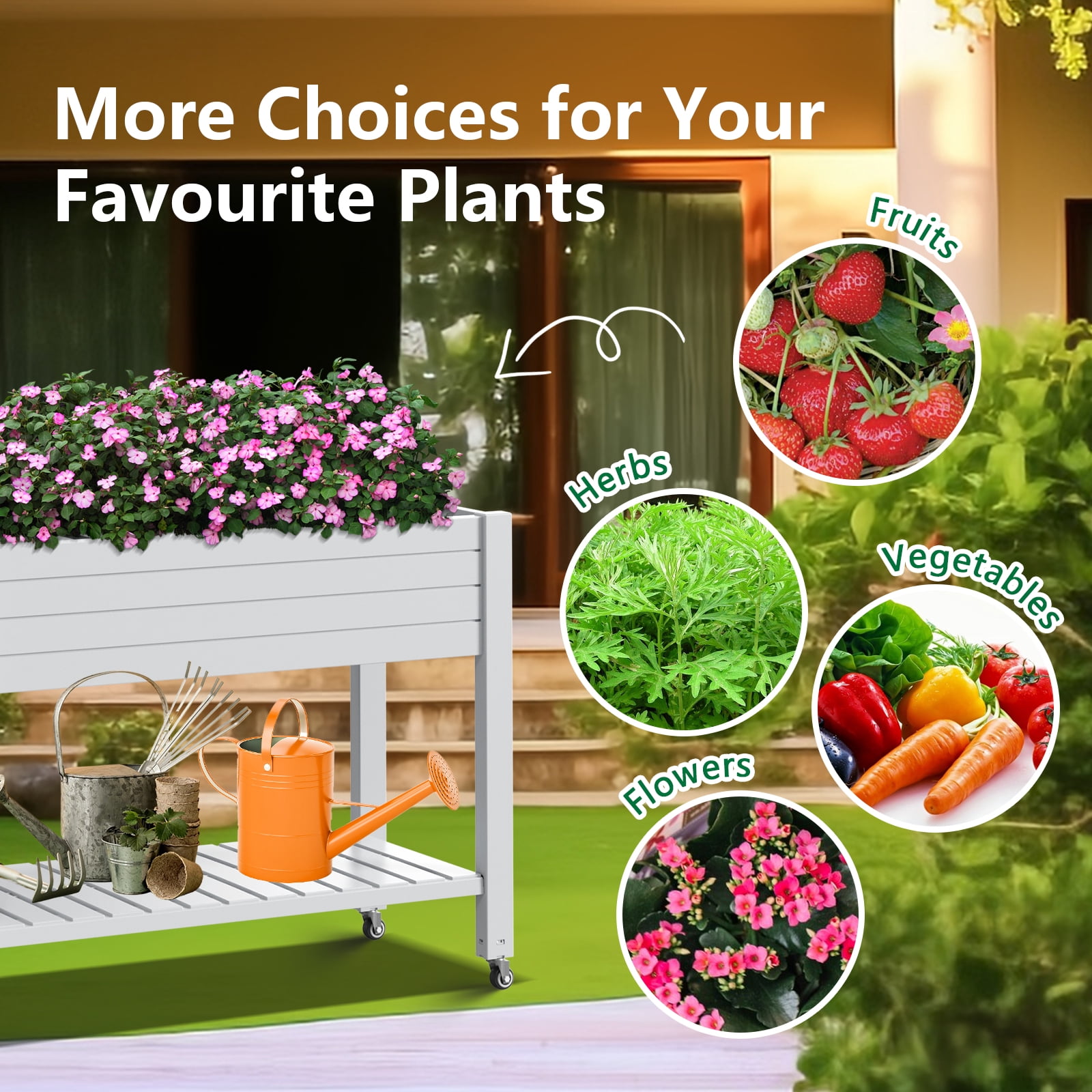 Joxxoaa Raised Garden Bed with Legs,Self-Watering Resin Planter Box with Lockable Wheels Drainage Plug and Gauge for Vegetables, Flowers, Storage Shelf for Tools and Accessories (White)