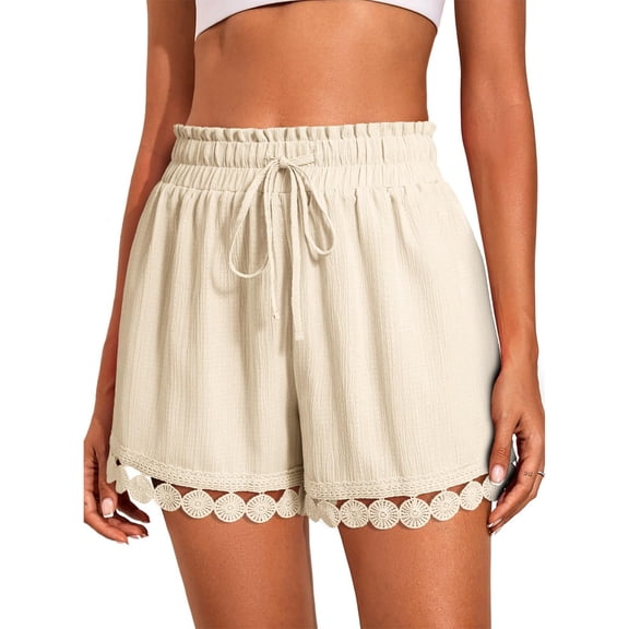 Lumtrix Summer Casual Shorts High Waisted Wide Leg Lace Trim Drawstring Summer Beach Vacation Trendy Boho Shorts Beige XL