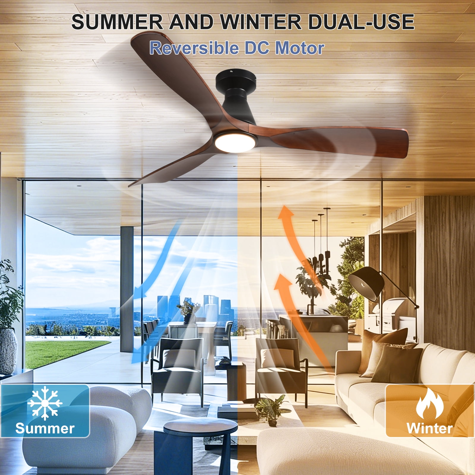 DingLiLighting 52-Inch Ceiling Fan with Lights: Walnut Flush Mount Ceiling Fan with Remote APP Control - Low Profile 3-Blade Fans for Indoor Outdoor 24W 3CCT Dimmable Timer DC Motor