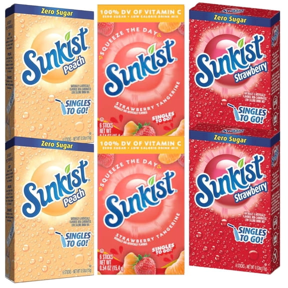 6 Boxes Sunkist Drink Mix Variety Pack – 2 Peach, 2 Strawberry, 2 Strawberry Tangerine – Sugar Free Powdered Drink Mix, Singles To Go Water Flavor Packets