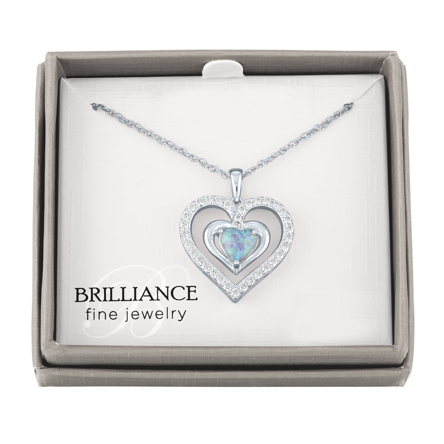 Ladies Brilliance Fine Jewelry Simulated Opal and CZ Sterling Silver Heart Pendant, 18"