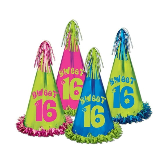 Beistle Fringed Foil Sweet 16 Birthday Party Hats assorted colors (Case of 12)