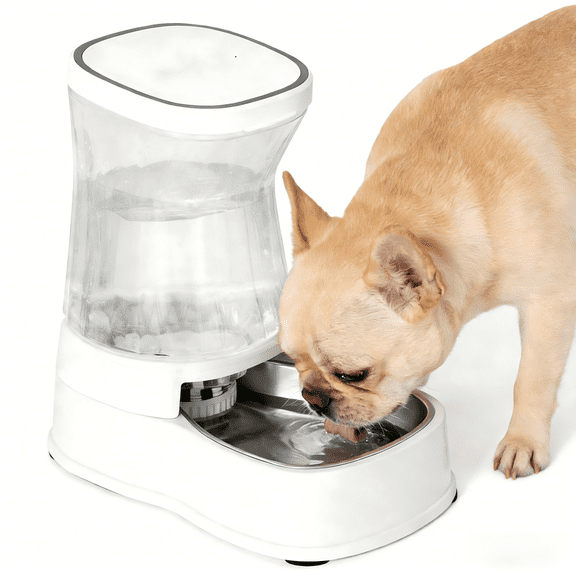 Nomipaw Cat&Dog Waterer - Automatic Gravity Feeding - 1 Gallon - Stainless Steel Bowl - White