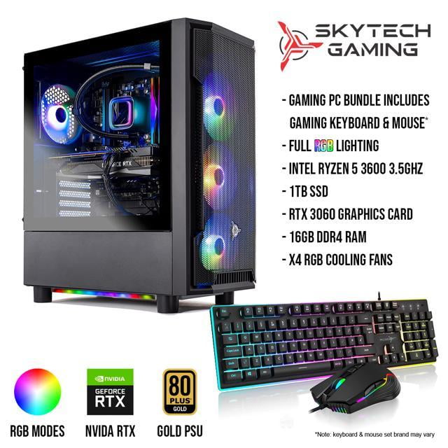 Vær tilfreds bred kok Skytech Shadow Gaming PC Desktop AMD Ryzen 5 3600 3.6 GHz, NVIDIA RTX 3060,  1TB NVME SSD, 16GB DDR4 RAM 3200, 600W GOLD PSU, 11AC Wi-Fi, Windows 11  Home 64-bit - Walmart.com
