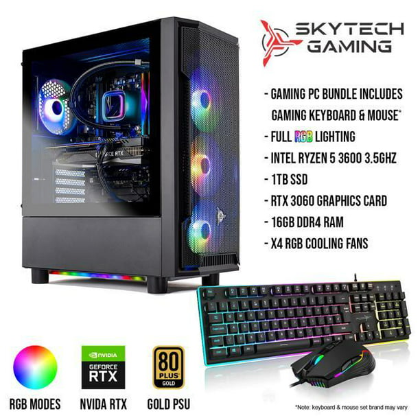 Skytech Shadow Gaming PC Desktop AMD Ryzen 5 3600 3.6 GHz, RTX 3060, 1TB NVME SSD, 16GB DDR4 RAM 3200, 600W GOLD PSU, 11AC 11 Home 64-bit - Walmart.com