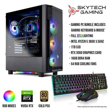 Skytech Shadow Gaming PC Desktop AMD Ryzen 5 3600 3.6 GHz, NVIDIA RTX 3060, 1TB NVME SSD, 16GB DDR4 RAM 3200, 600W GOLD PSU, 11AC Wi-Fi, Windows 11 Home 64-bit
