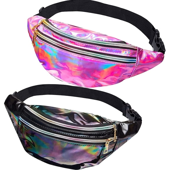 2Pieces Holographic Fanny Pack,Hologram PU Waist Pack Waterproof Shiny Waist Bag,Laser Waist Bum Bag with Adjustable Belt,Metallic Color Sport Waistbag,Fashion Rave Waist Bag