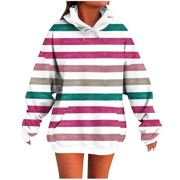 SwiftWear Women's Multicolor Stripe Print Long Hoodie - Color Block Pullover Casual Tops with Pocket, Drop Shoulder Lounge wear Hot Pink