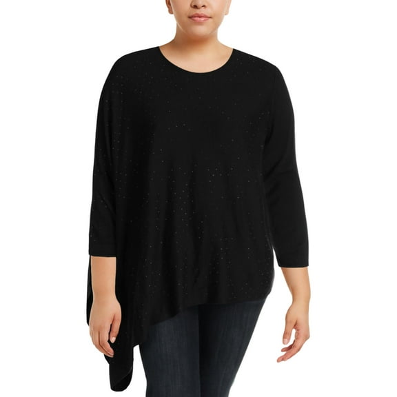 Anne Klein Womens Studded Poncho Pullover Sweater Black M