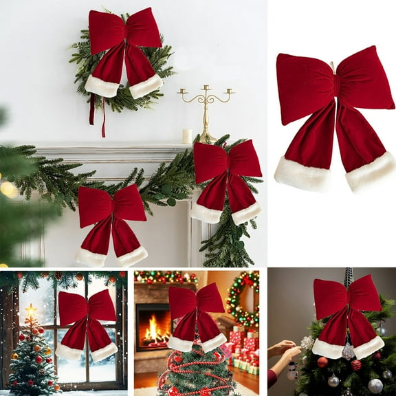 Burgundy Velvet Christmas Bow - Large Flocked 3D Bow Tie Hanging Ornament for Christmas Tree and Window Decoration - Measures 13.78 x 11.81 Inches