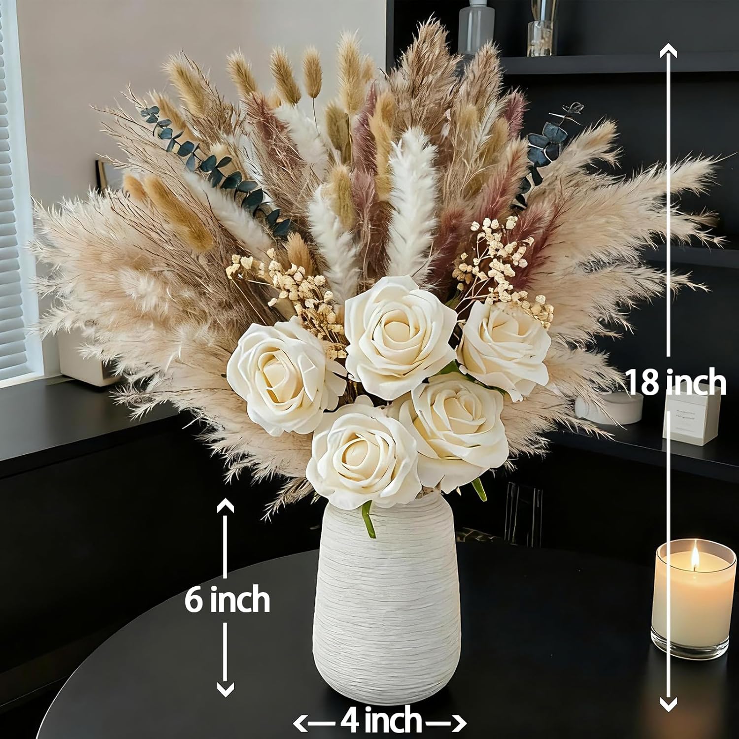 Artificial Flowers Arrangement with Vase, Fake Flowers Silk Roses, Coffee Table Decorations, Boho Dried Pampas Grass, Dining Table Decor, Floral Centerpieces for Tables, Centro de Mesa