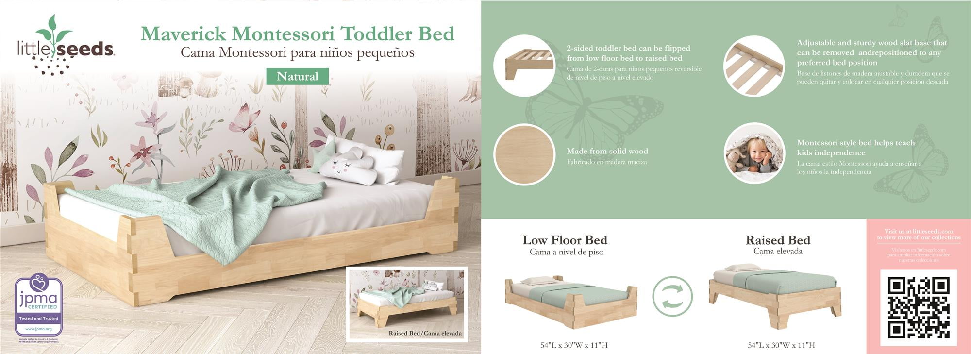 Little Seeds Maverick Montessori Toddler Floor Bed with 2 Heights, Natural