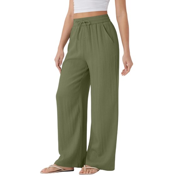 Yungyresw Womens Wide Leg Palazzo Pants Solid Drawstring Lightweight Baggy Pants Casual Comfort Flowy Women Pants With Pocket Deep Green L