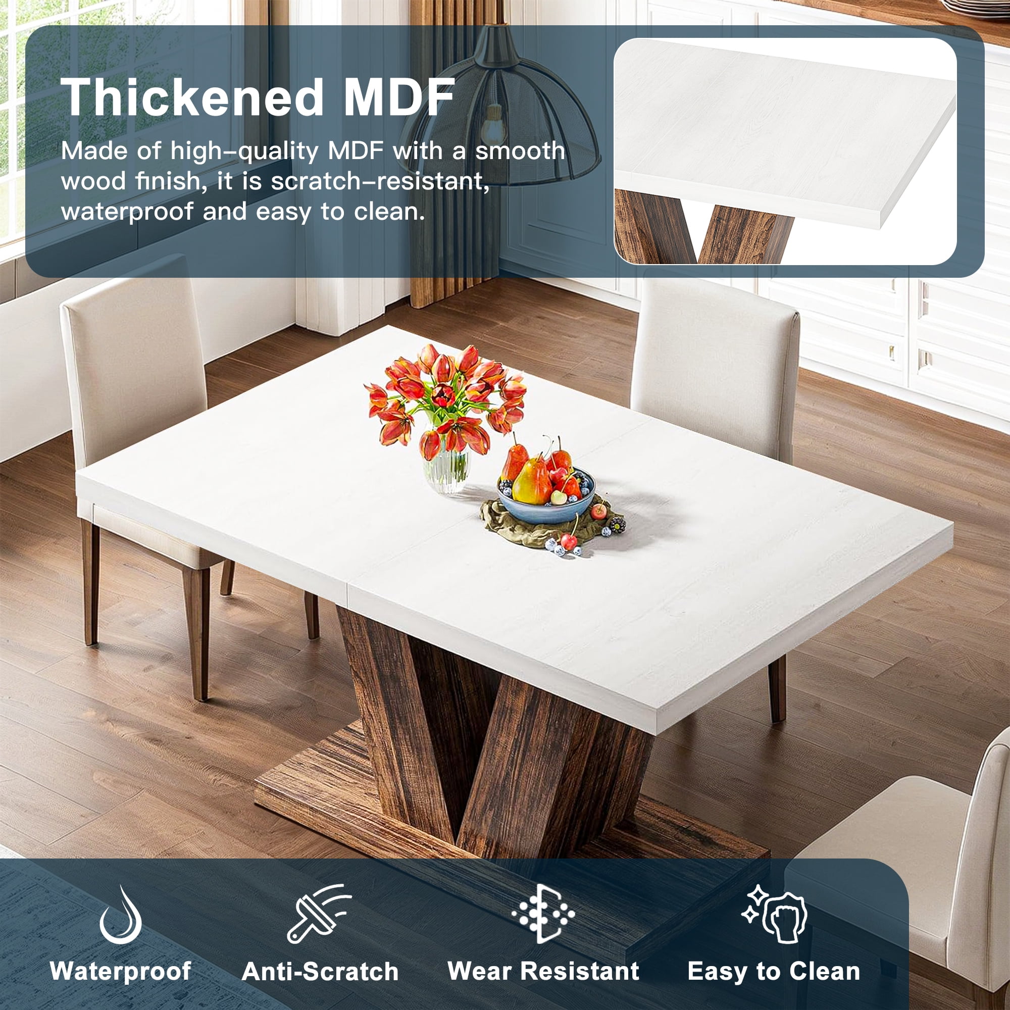 Demi Bonn 47" Farmhouse Dining Table, Wood Rectangular Kitchen Table with Duty Pedestal for Dining Room, Home Office, Living Room Furniture, White & Brown