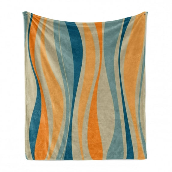 Vintage Soft Flannel Fleece Throw Blanket, Retro Vibrant Stripes Funky Lines Design Patterns Abstract Print, Cozy Plush for Indoor and Outdoor Use, 60" x 80", Petrol Blue Marigold, by Ambesonne
