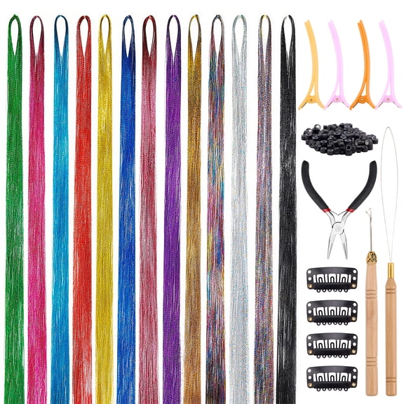 13 Colors Hair Tinsel Kit, 48 Inch 6600 Strands Glitter Fairy Hair Tinsel Extensions with Tools, Heat Resistant Holographic Hair Accessories for Women, Girls