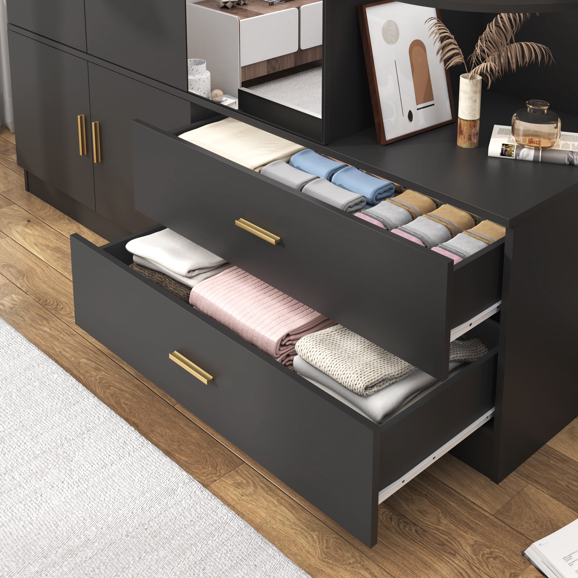 Blotout 3 Door Armoire Wardrobe Closet with Mirror & Sensor Lights, 70'' Large Wardrobe Armoire with 2 Drawers & Shelves, Modern Wooden Armoire Storage with Hanging Rod for Bedroom, Black