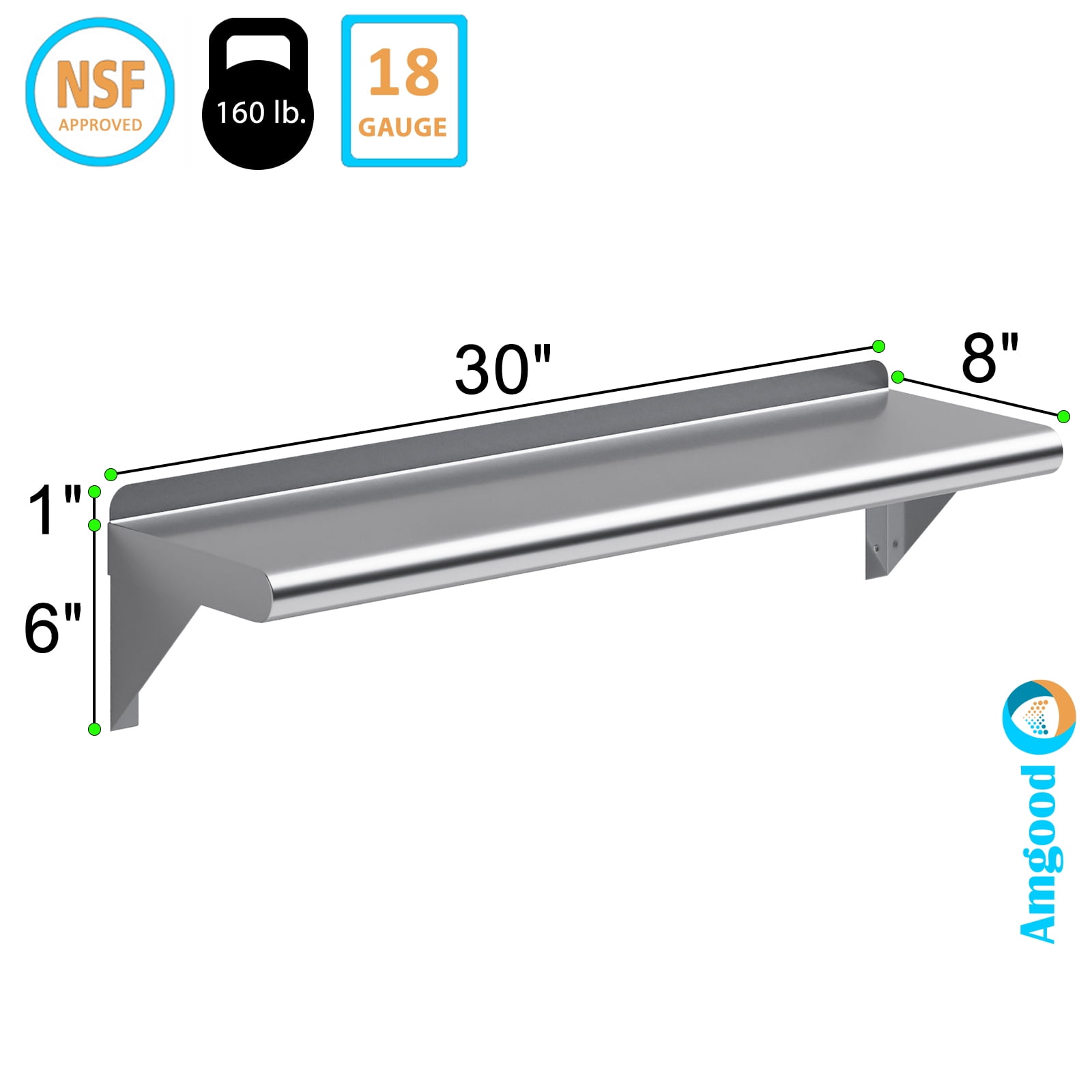 AmGood 8 in. x 30 in. Stainless Steel Wall Shelf | NSF Certified | Appliance & Equipment Metal Shelving | Kitchen, Restaurant, Garage, Laundry, Utility Room