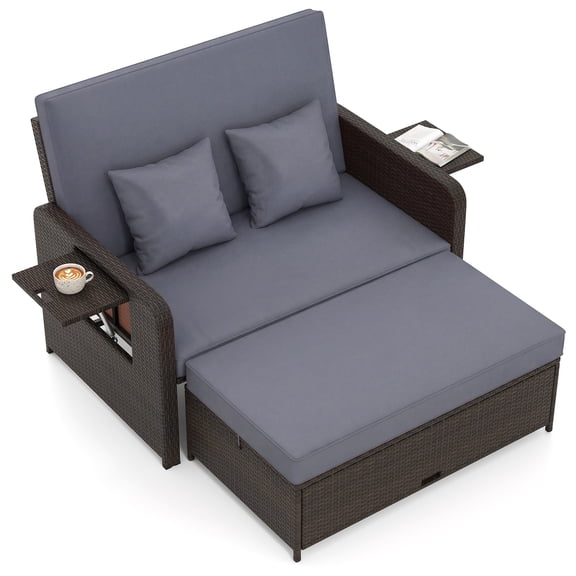Gymax Rattan Loveseat Set Daybed Lounge w/ Storage Ottoman Side Tables Adjust Patio