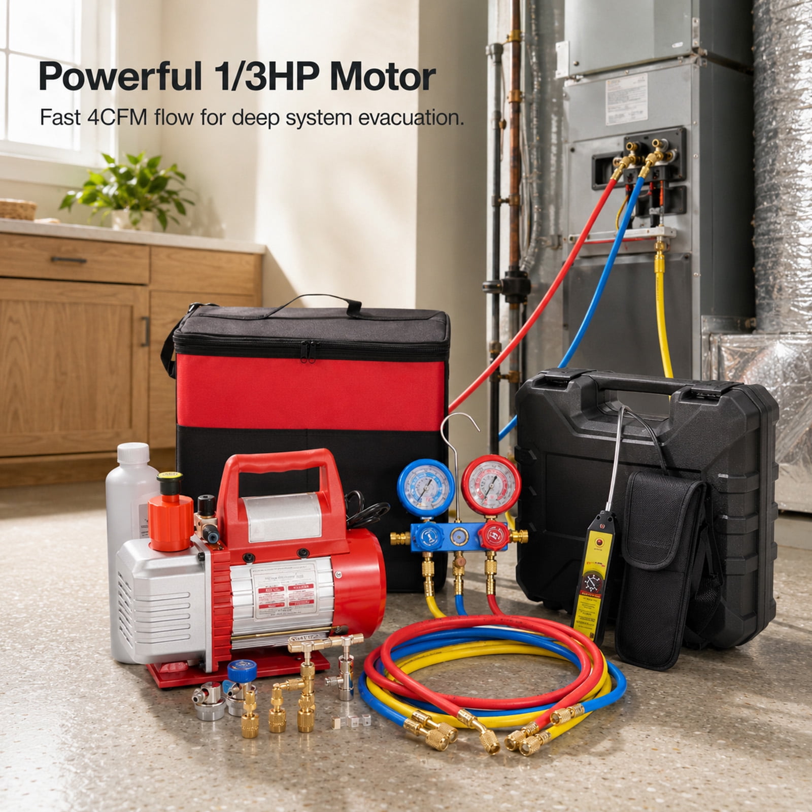 Alvantor 1/3HP 4CFM Vacuum Pump Kit with R13a R410A R22 R112 R410A Manifold Gauge Set, Leak Detector, R134a Quick Couplers, Can Tap & Carry Bag for AC Refrigeration Recharge