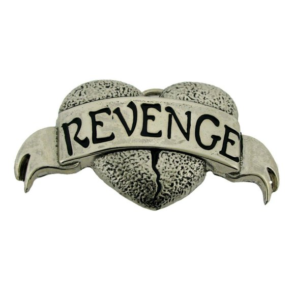 Revenge Text Heart Broken Belt Buckle Silver Chrome Plain Finished Gothic Tattoo Style