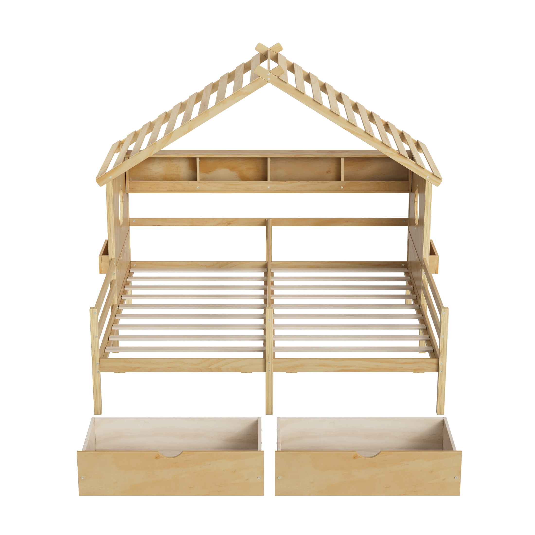 Noble House Twin Kids House Bed with Two Side-by-Side Beds, Bookcase and Under-Bed Drawers, Natural