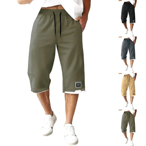 Men's Casual Capri Pants Solid Color Elastic Waist Drawstring Pocket Quick Dry Lightweight Breathable Joggers for Gym Running Hiking Daily Wear Summer | AKLJWH,Army Green 6XL