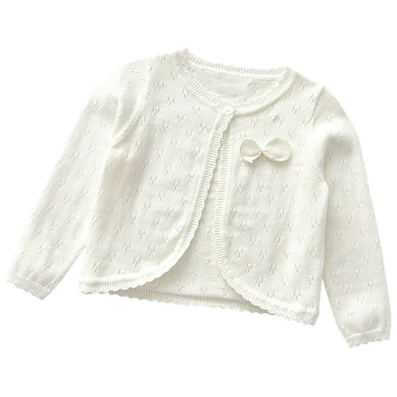 aohooy Girls Cropped Cardigan Sweaters Solid Fall Long Sleeve Cable Knit Button Front Sweater Bow Cardigans Outwear 1-8 Years White,17