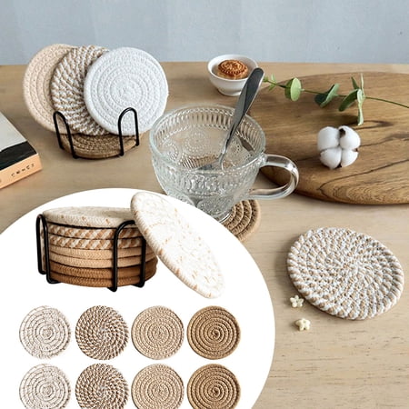 8-Piece Woven Drink Coasters Set with Metal Storage Holder Absorbent Heat-Resistant Round Cup Pads for Kitchen Countertop Dining Table Home Decor