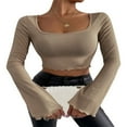 thumbnail image 1 of Women Solid Color Ribbed Square Neck Lettuce Hem Show Navel T-Shirts Spring Autumn Flare Long Sleeve Slim Crop Tops Black M, 1 of 6