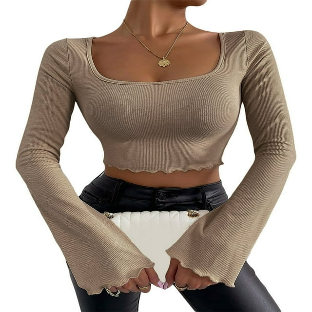 Women Solid Color Ribbed Square Neck Lettuce Hem Show Navel T-Shirts Spring Autumn Flare Long Sleeve Slim Crop Tops Black M