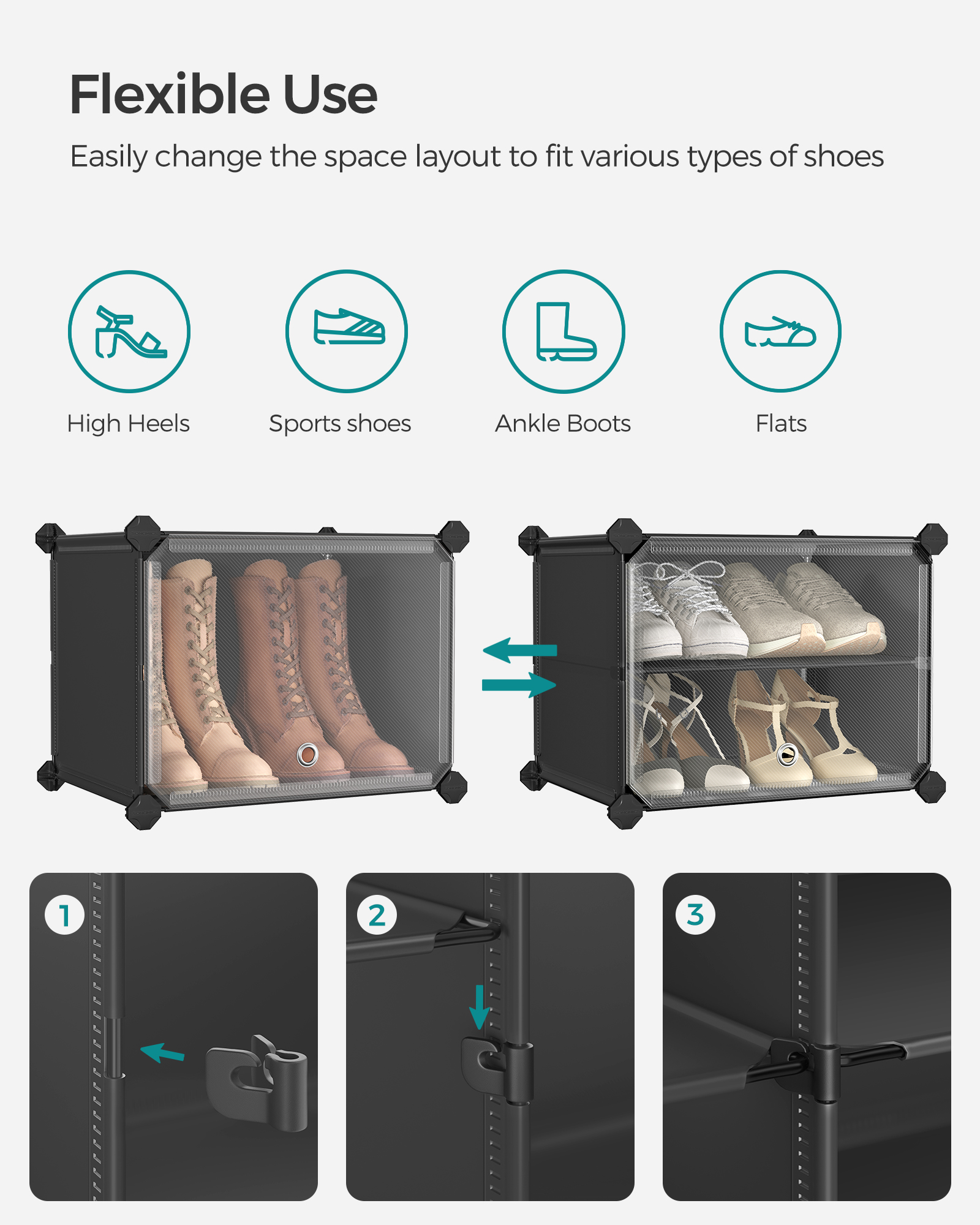 SONGMICS Shoe Rack Organizer, 10-Tier Shoe Storage Cabinet for Closet and Entryway, Holds 40 Pairs of Shoes, Adjustable, Ink Black and Trasparent