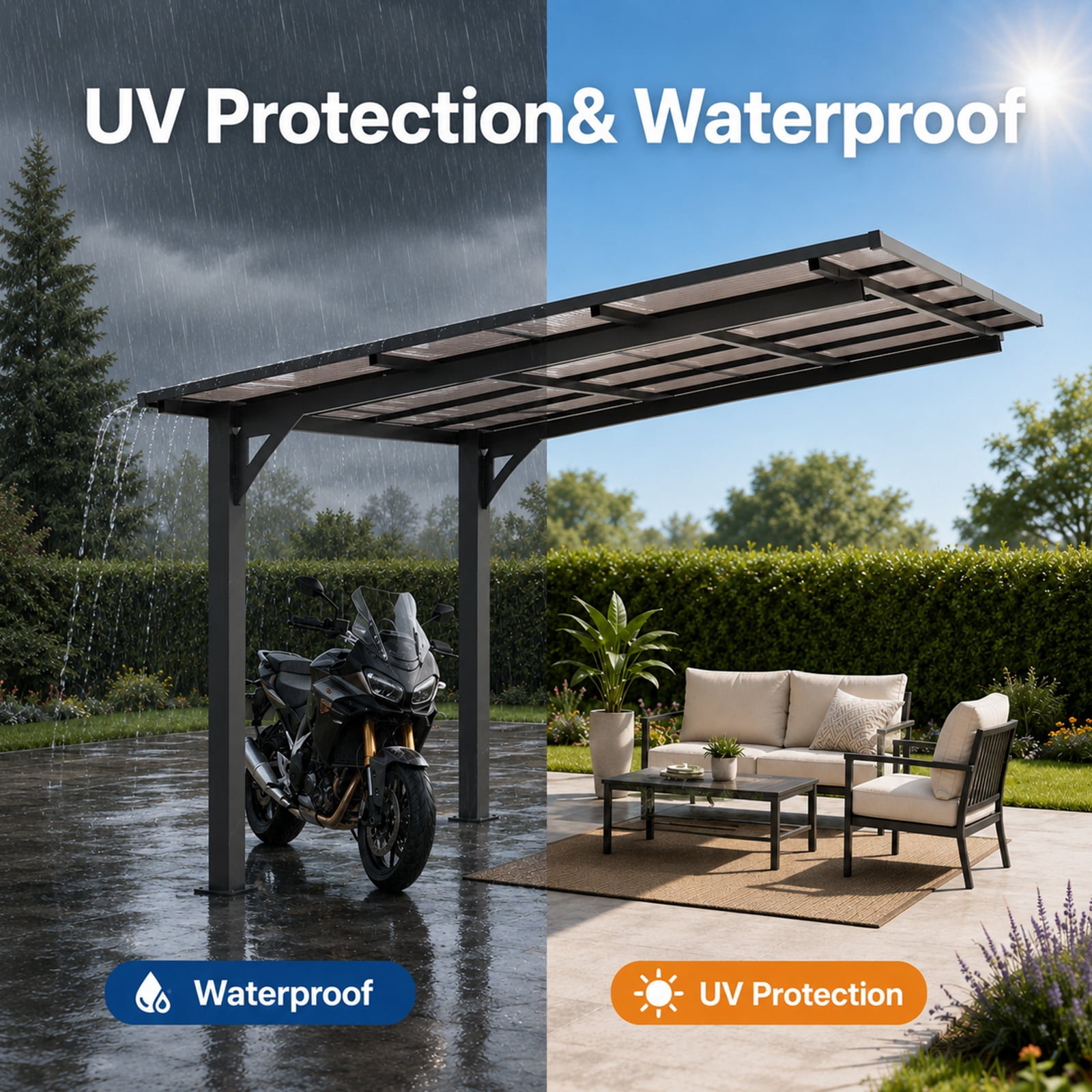 Mintazer 10x10ft Outdoor Wall-Mounted Patio Canopy, Heavy Duty Metal Awning with PC Roof, Freestanding Sun Shelter for Backyard, Bike, Grill & Patio Seating