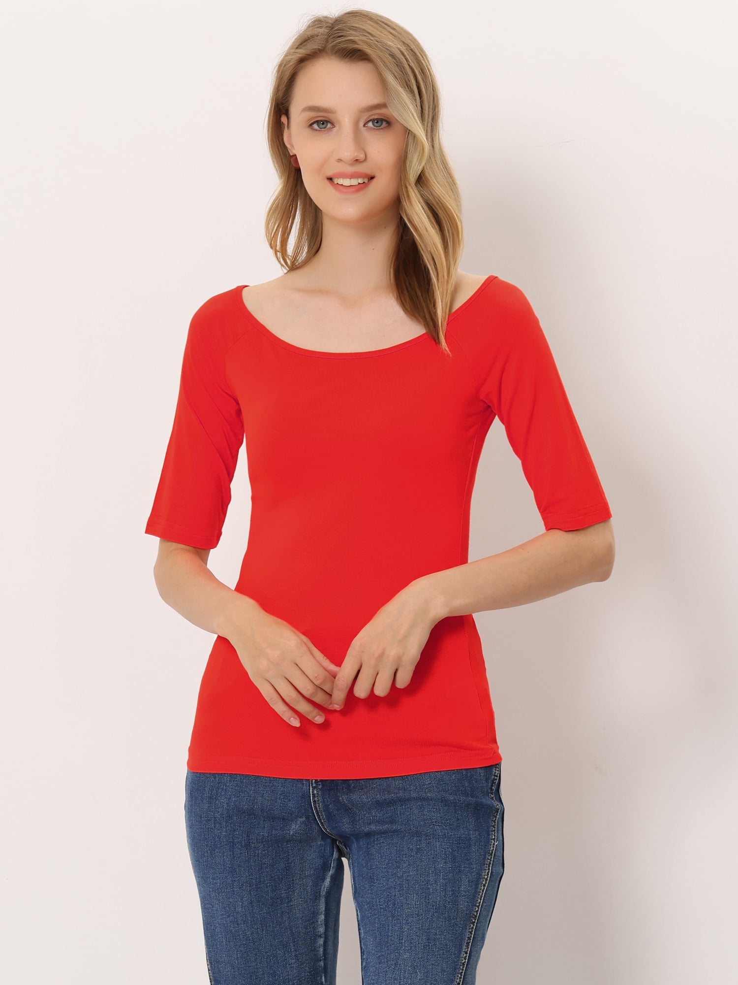 DARING DIVA Women's Slim Fit Pullover Boat Neck Stretchable T-Shirt 3X-Large Deep Red