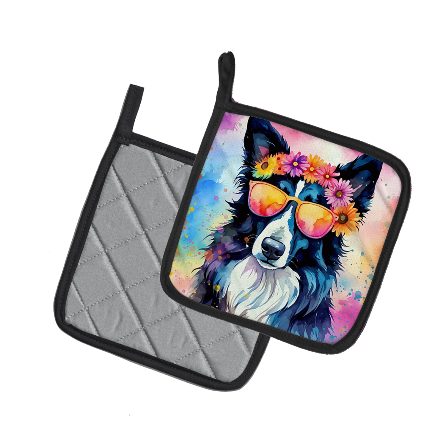 Border Collie Hippie Dawg Pair of Pot Holders 7.5 in x 7.5 in