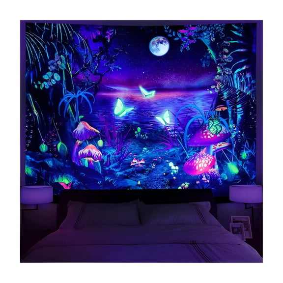 LAMIRO Blacklight Tapestry Trippy Mushroom,Butterfly Moon Tapestries,Wall Hanging for Livingroom,37"
