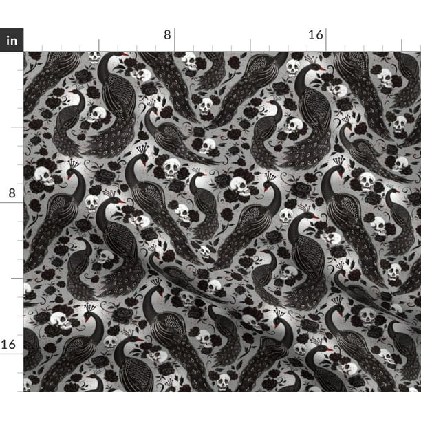 Minky Fabric Fat Quarter Gothic Peacocks Black Red Dark Night Skulls