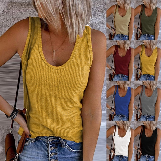 Jinhomg Womens Knit Tank Tops Lightweight Comfy Sleeveless U-Neck Camisoles Basic Solid Casual Spring Summer Tanks Daily Wear Fall Saving Blue XXL