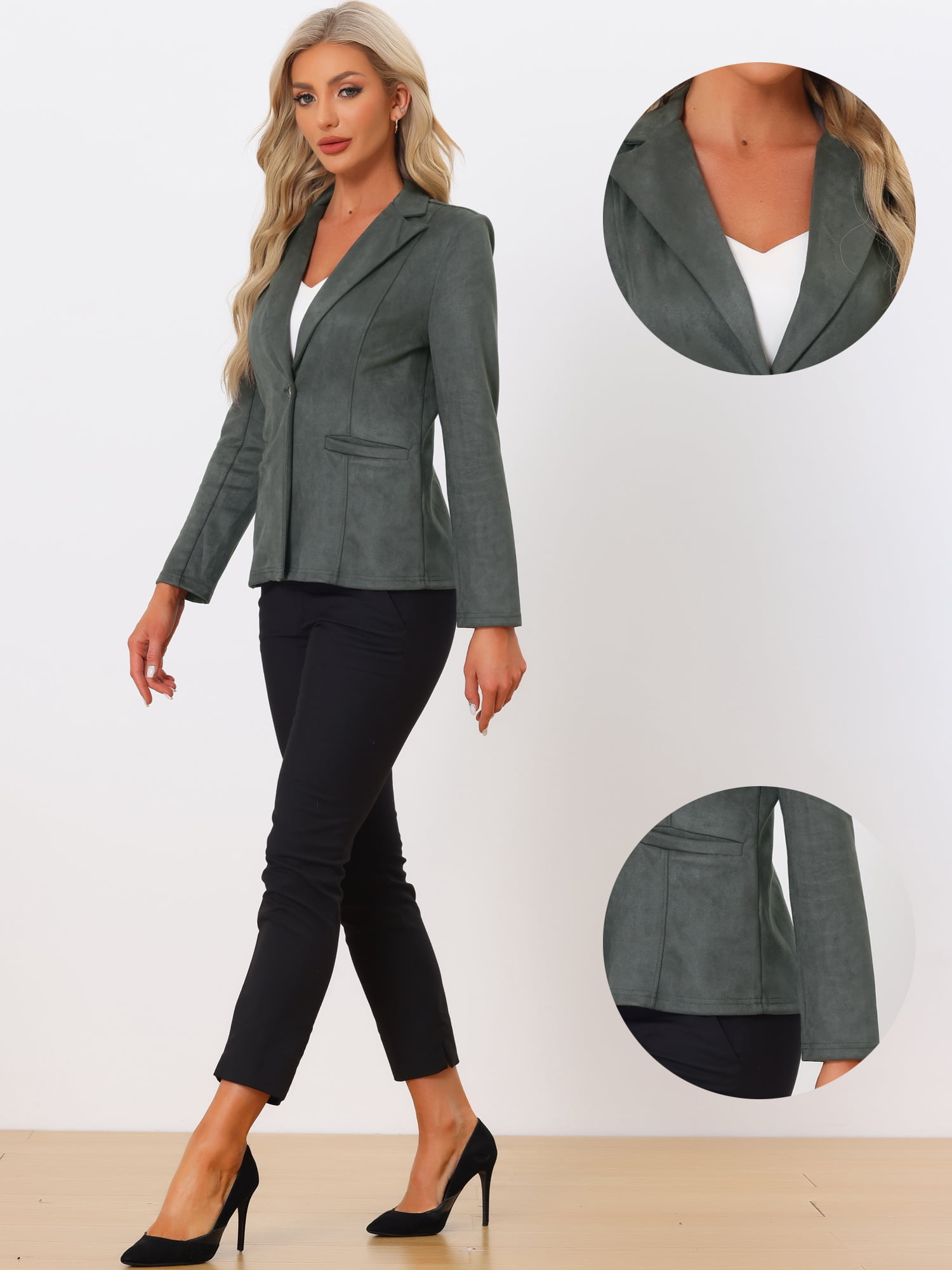 DARING DIVA Women's Faux Suede Lapel Collar Long Sleeve Work Jacket XL Dark Grey