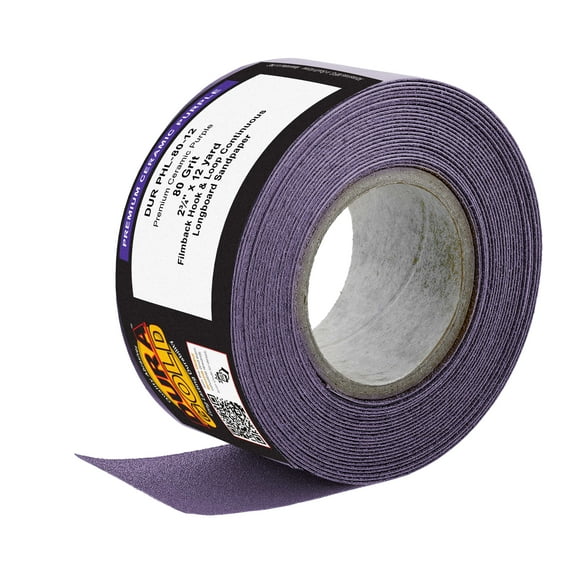 Dura-Gold Premium 80 Grit Purple Film Ceramic Longboard Sandpaper, 2-3/4" Wide Continuous 12 Yard Roll - Hook & Loop Backing for Auto & Woodworking Air File Long Board Sanders