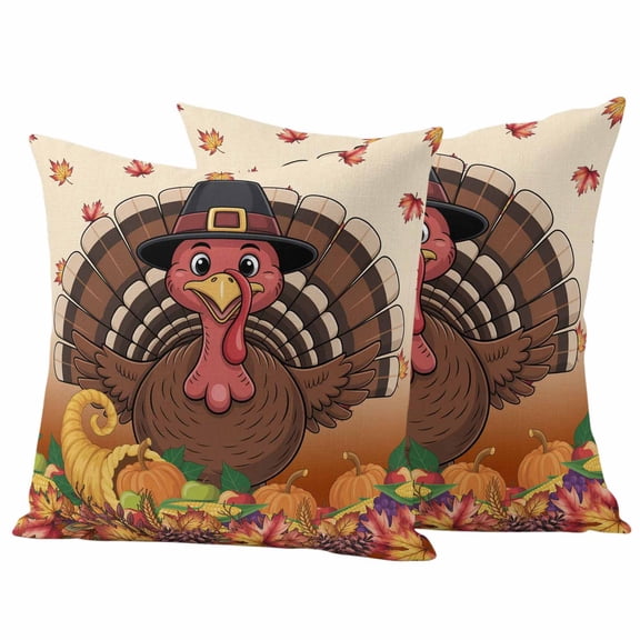 Fall Turkey Outdoor Waterproof Pillow Covers, Autumn Harvest Pumpkin Vegetable Thanksgiving Decorative Square Throw Pillowcase Sofa Cushion Sham for Patio/Couch/Chair, 16"x16" 2 Pack